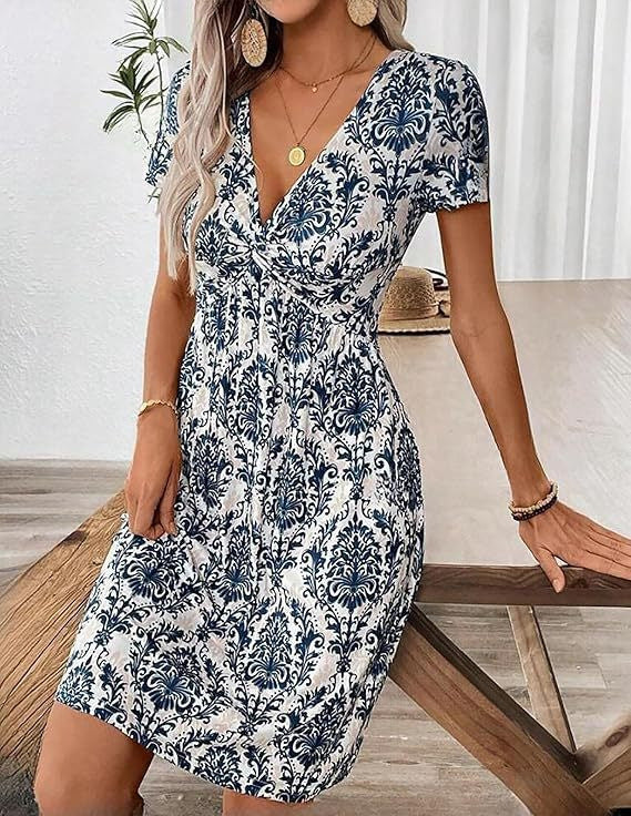 V-neck Knotted Ruched Waist Leopard Print Dress