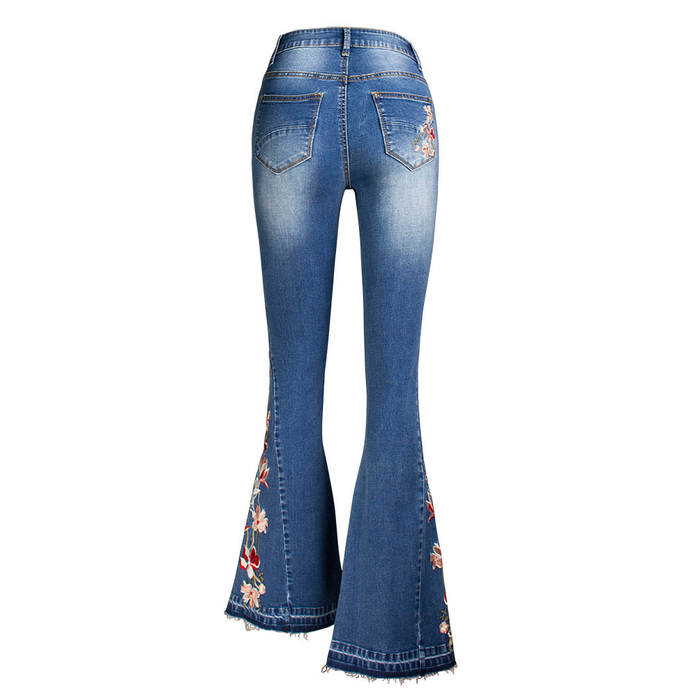 Machine Embroidery Denim Women's Autumn Denim Wide Leg Trousers 3D