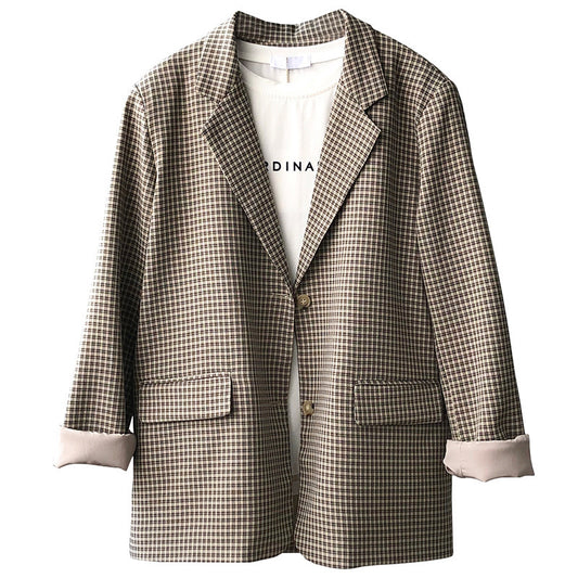 Retro Loose Mid-length Plaid Suit Top