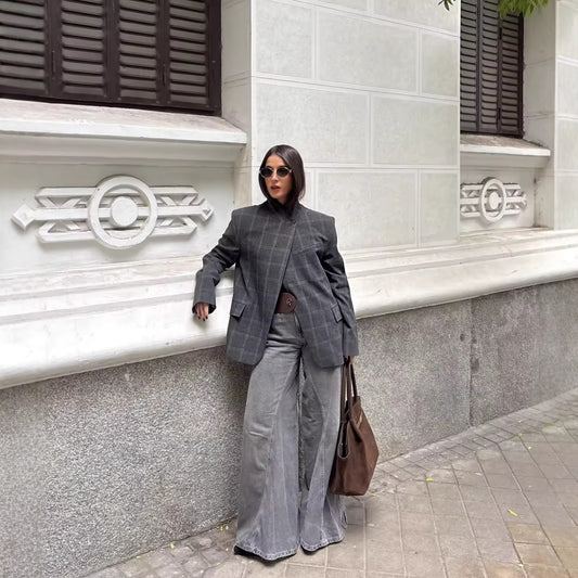 Womens Plaid Stand Collar Single-Breasted Long-Sleeve Casual Blazer