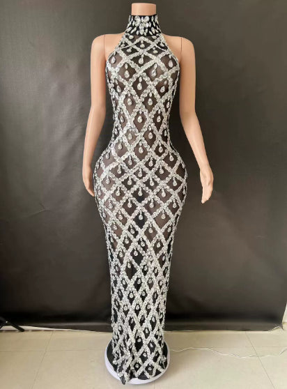 Shimmering Rhinestone High-neck Sleeveless Sexy Mesh Sheer Plaid Evening Gown