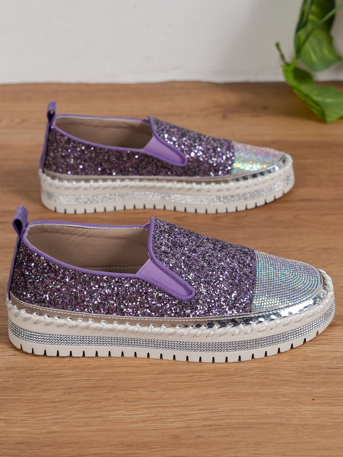Thick Bottom Flat Loafers Rhinestone