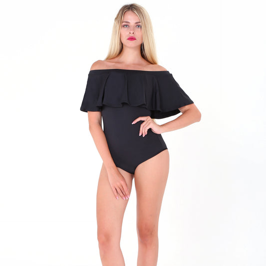 Women's Simple Solid Color Ruffle Tight One Piece Swimsuit