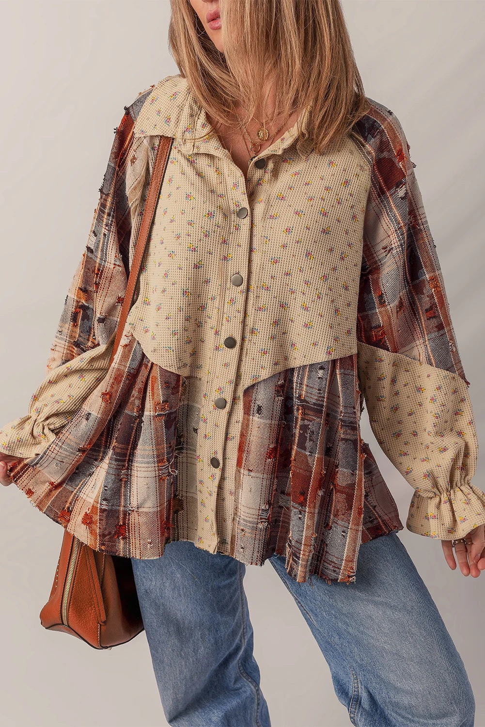 Women's Distressed Detail Ruffle Sleeve Plaid Shirt