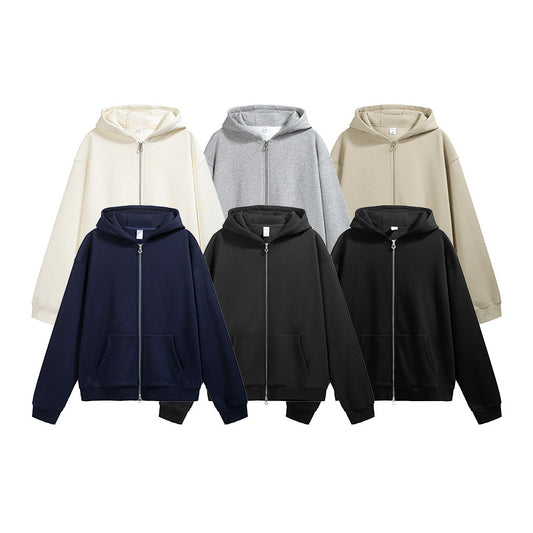 Flame Single-layer Fleece-lined Hooded Jacket Solid Color Double-headed Zipper Jacket
