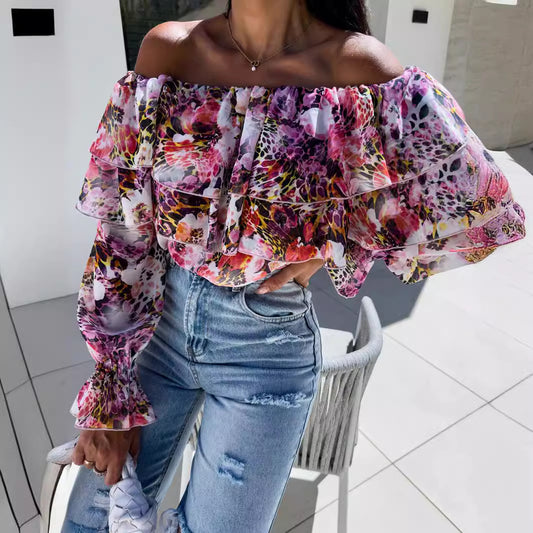 Moderigtig Off-shoulder Printbluse Med Bådhals