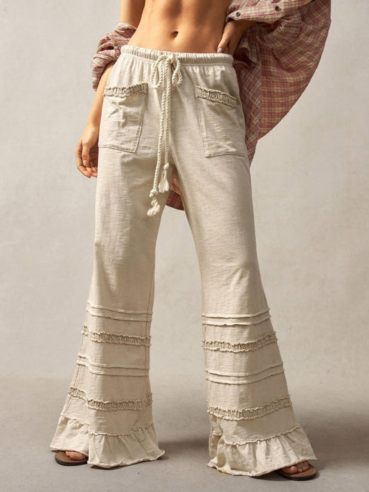 Solid Color High Waisted Flared Leg Knitted Pants
