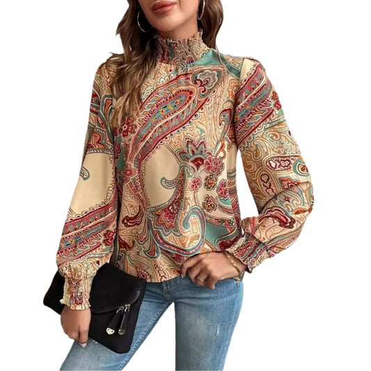 Printed High-neck Gathered Long-sleeve Women's Blouse