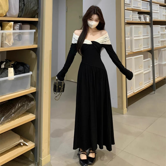 Womens Fashionable Patchwork Lace Long-Sleeve Dress