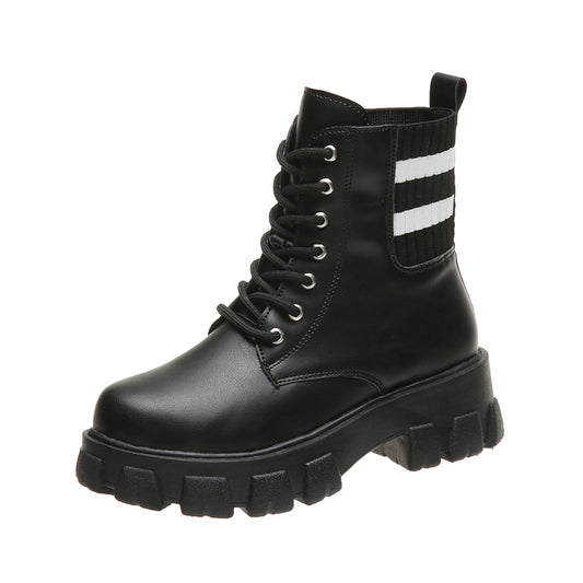 Women's Thick-soled Thick-heel Flying Knit Short Leather Boots