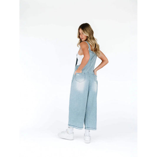 Retro Make Old Ripped Loose Wide Leg Denim Suspender Pants