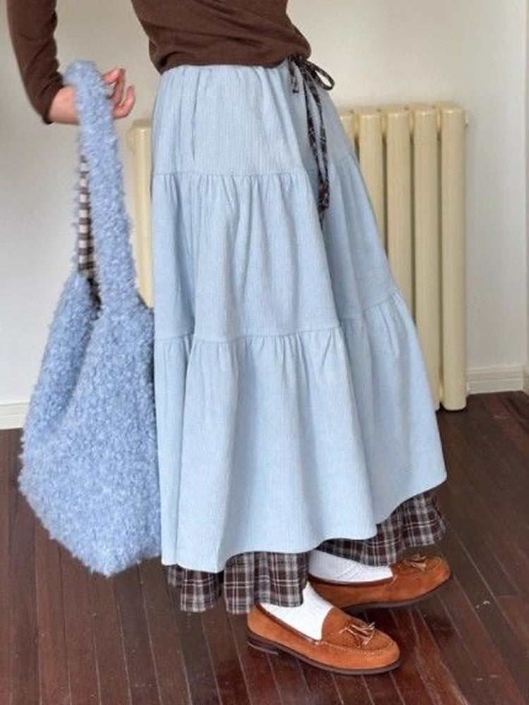 Niche Patchwork Fake Two-piece Plaid Cake Maxi Dress