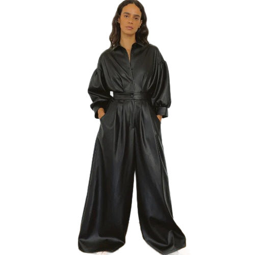Black Pu Retro Loose Leather Button Pocket Jumpsuit
