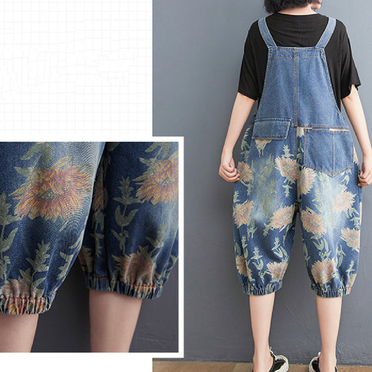 Fashion Printed Denim Strap Pants