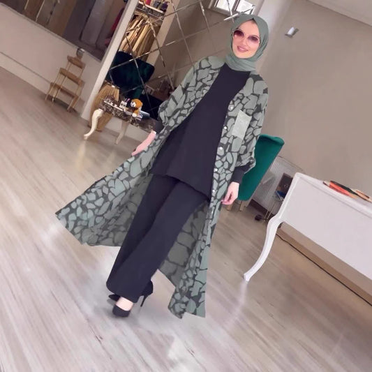 Fashion New Print Long Sleeve Loose Collarless Cardigan Dress