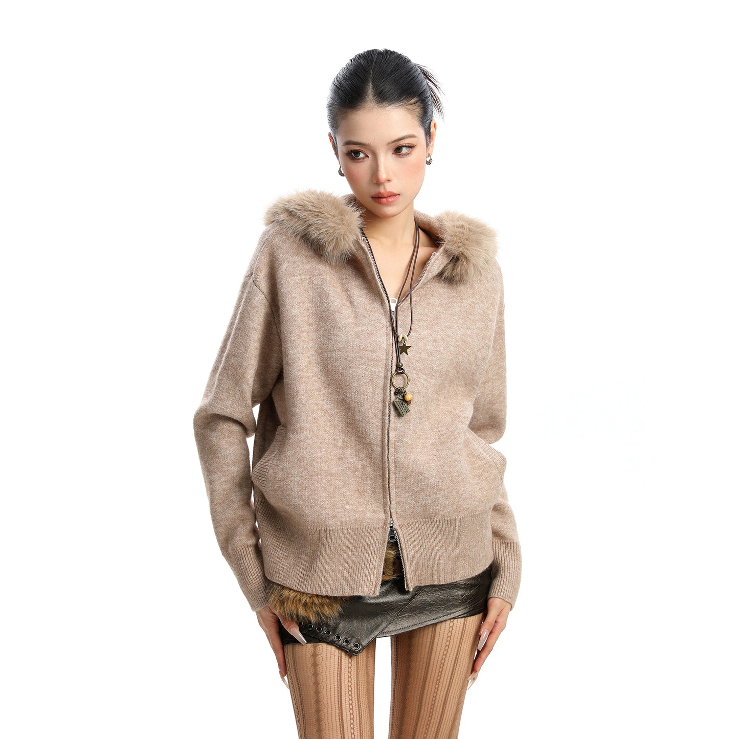 Women's Zipper Cardigan Beige Fur Collar Hood Coat