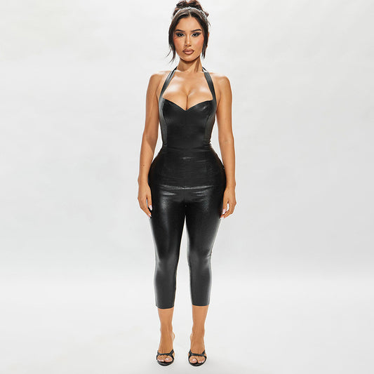 Womens Halter Neck V-Neck High-Cut Back Solid Color Slim-Fit Faux Leather Cropped Pants Set