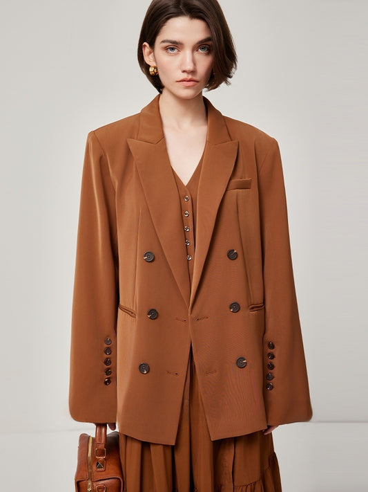 Brown Retro Spaghetti Straps Vest Double Breasted Suit Coat Set