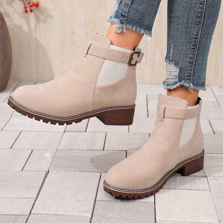 Chunky Heel Suede Elastic Band Martin Boots