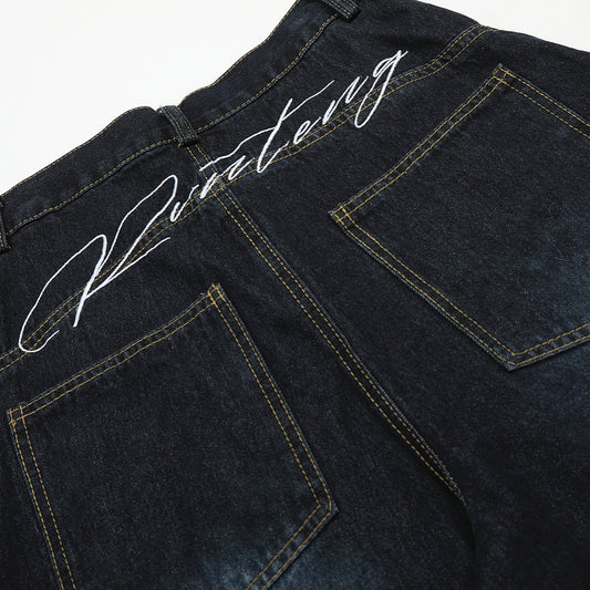 American Retro Loose Embroidered Washed Denim Trousers