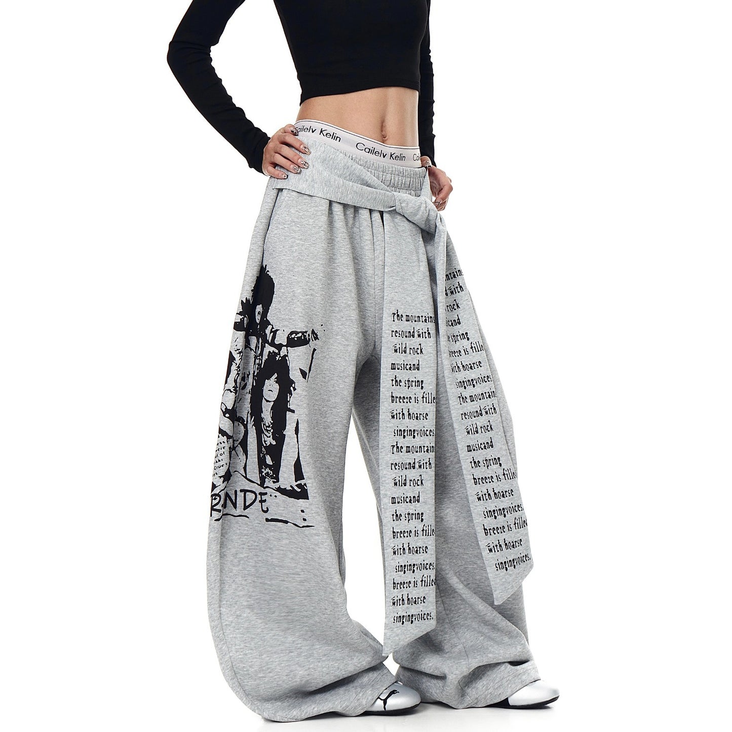 American Retro Alphabet Printed Lace Up Bandage Dress Machete Sweatpants