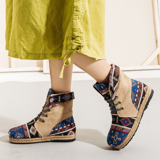 New High-top Linen Women's Shoes Lace-up Flanging Process