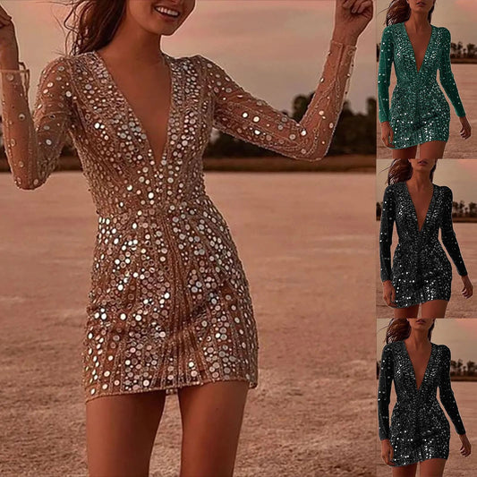 Deep V Sheer Gold Embellished Bodycon Dress With Long Sleeves
