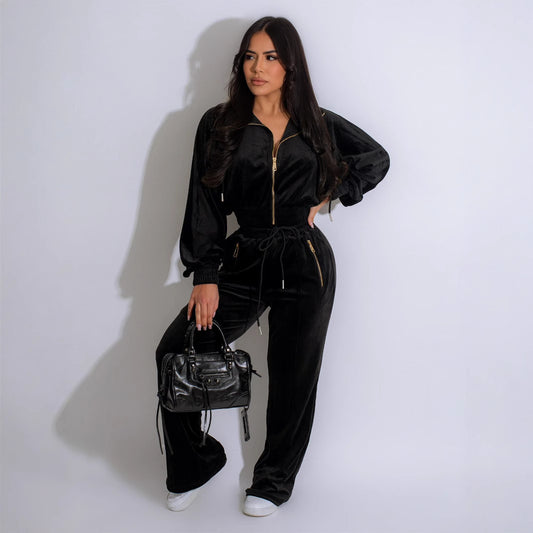 Womens Long-Sleeve Lapel Zip-Up Cardigan And Trousers Winter Two-Piece Set