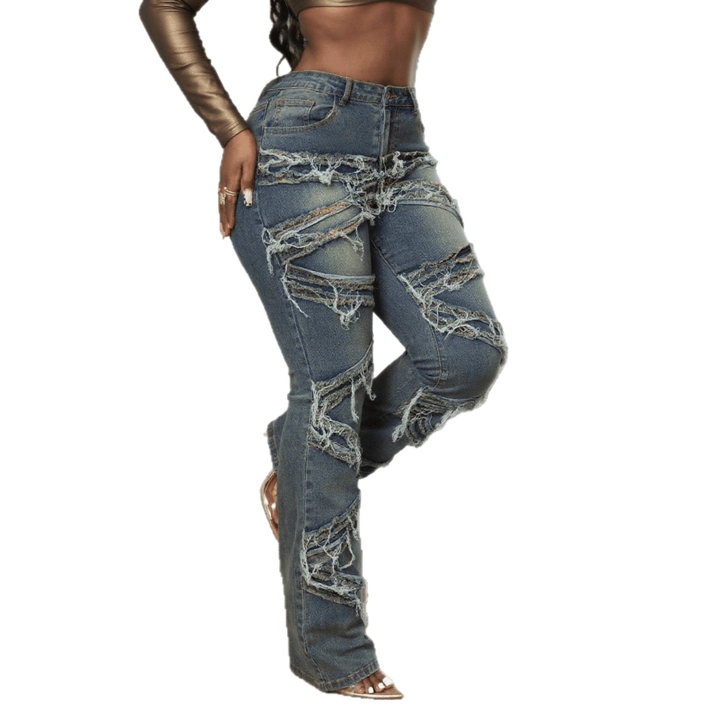 Women's Multi-Process Striped Washed Denim Jeans