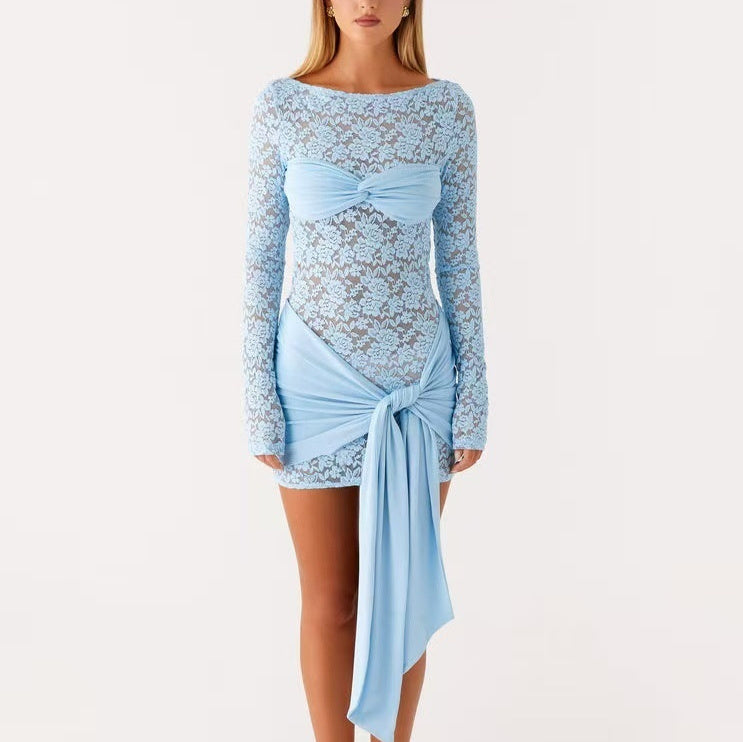 Womens Fashionable Round-Neck Lace-Patchwork Long-Sleeve Dress