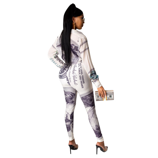 Women's Casual Fashion USD Printed Lace Up Long-sleeved Trousers Two-piece Suit
