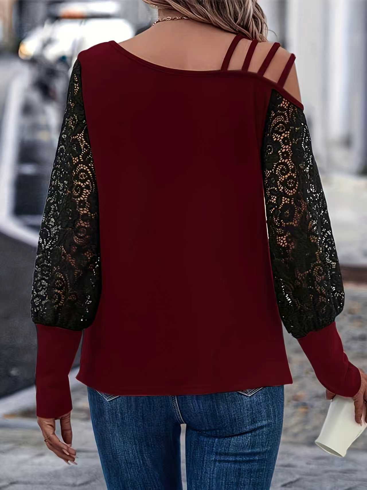 Womens Loose Red Lace-Panel Long-Sleeve T-Shirt