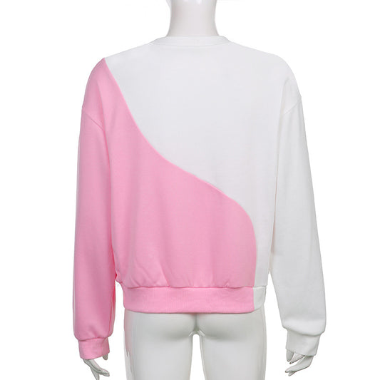 Ladies Patchwork Contrast Round Neck Long Sleeve Sweatshirt