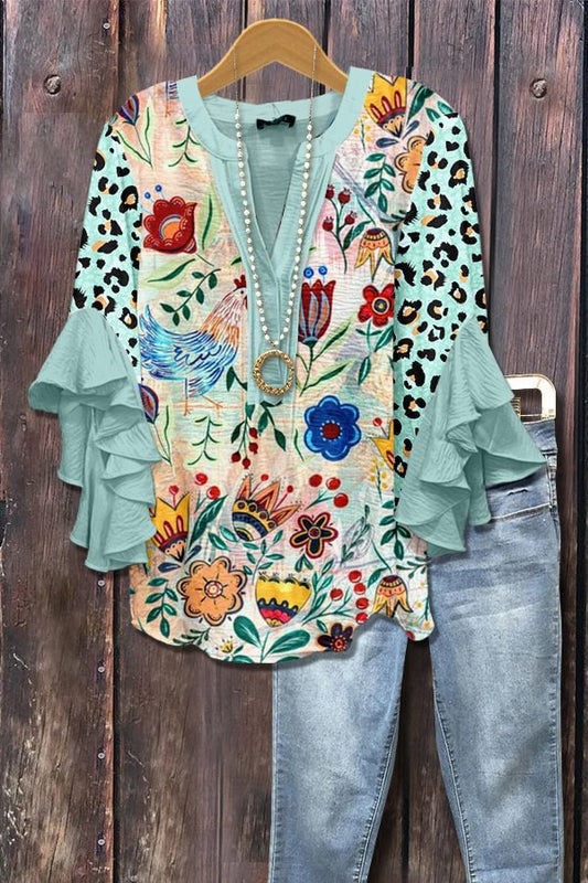 Womens Casual V-Neck T-Shirt With Digital Print And Lace Trim
