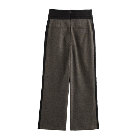 High Waist Fashion Belt Plaid Wide Leg Straight Casual Trousers