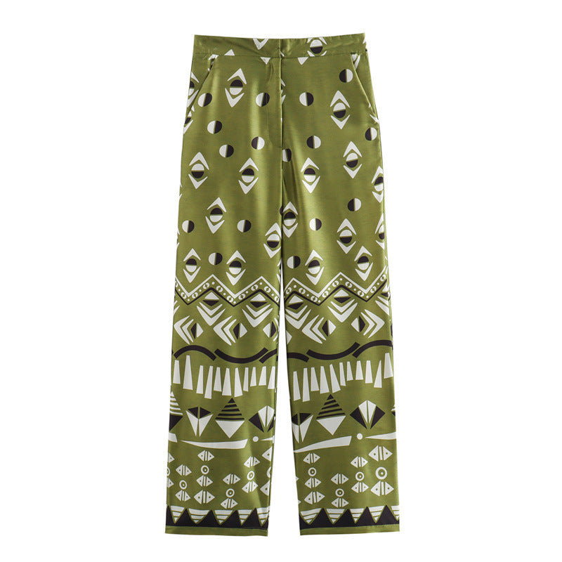 Summer New European And American Style Silk Satin Texture Positioning Printed Shirt Pants