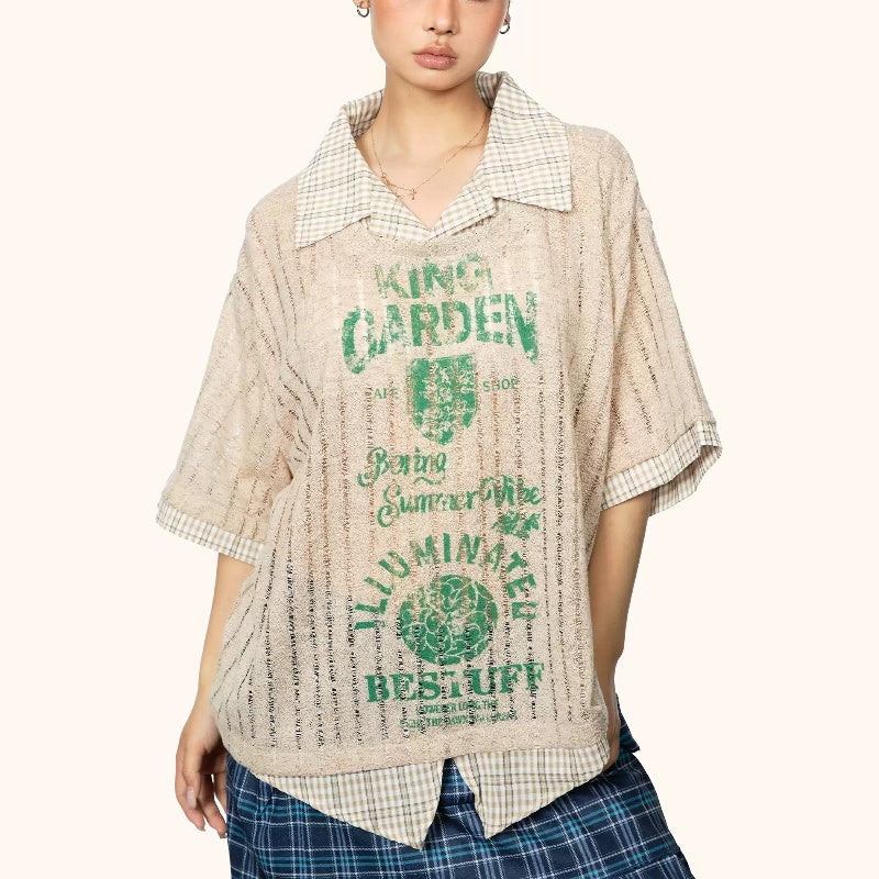 Fake Two-piece Printed Hollow-out Short-sleeved T-shirt Female Summer New