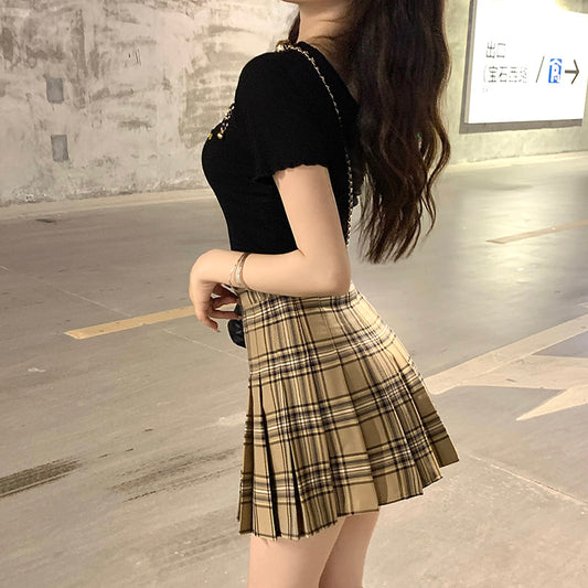 Plaid Pleated Skirt Women's Summer Figure Flattering A- Line Skirt