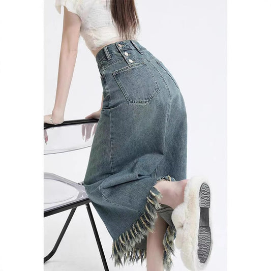 Retro Slids Denim Nederdel Kvinders Kvast Midnatslang Hofte Nederdel