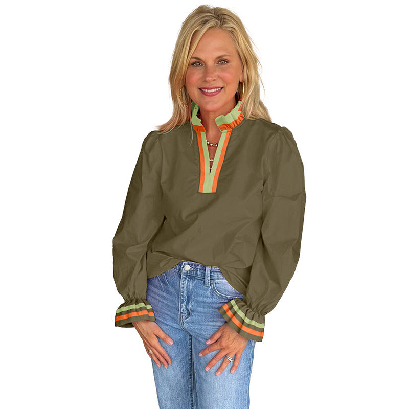 New Ruffled Loose Casual V-neck Long-sleeved Top