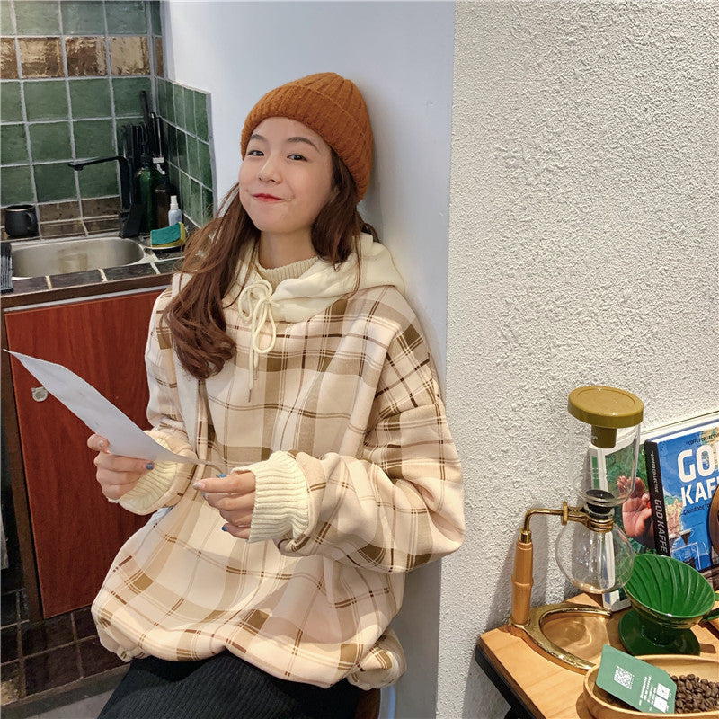 Fake Two Piece Long Sleeve Sweater Women Hooded Loose Plaid