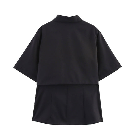Simple Short-sleeved Lapel Double-layer Design Casual Long-sleeved Shirt