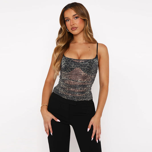 New Sexy Mesh Leopard-Print Fake Two-Piece Camisole Top