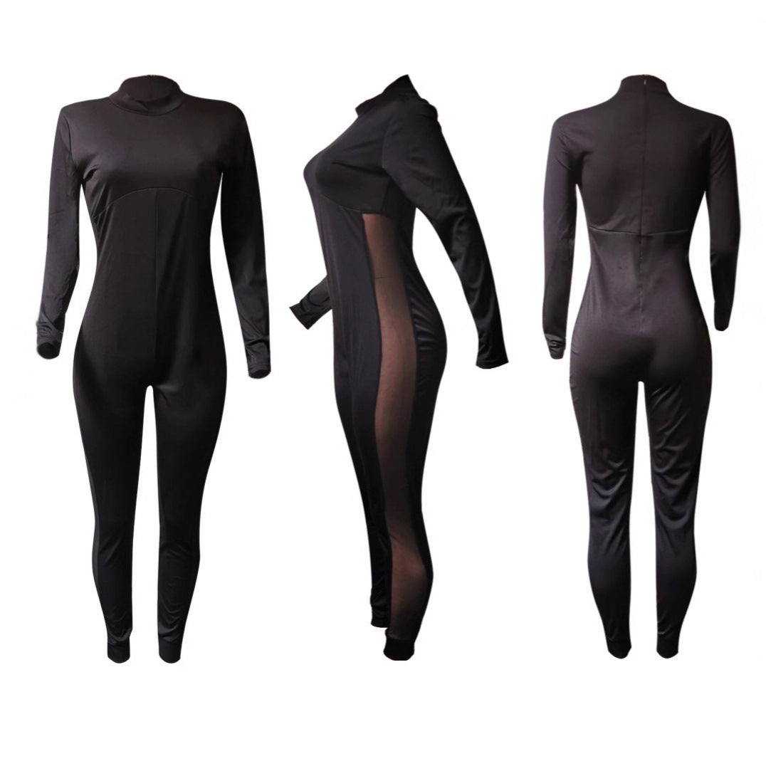 Mesh-panel Long-sleeve Long-leg Jumpsuit Sexy And Stylish