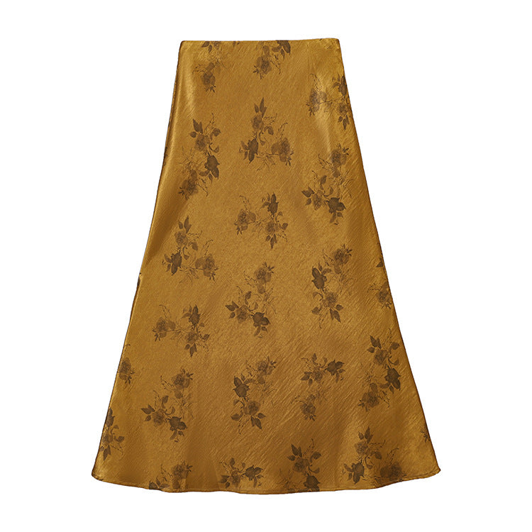 Rose Printed Satin A-line Skirt