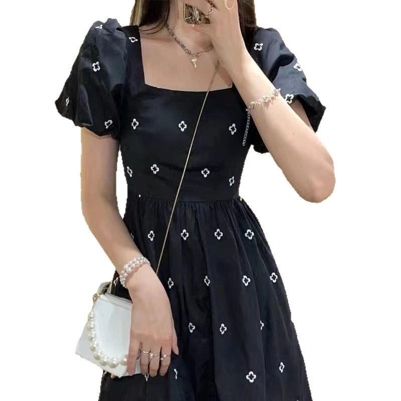 French-style Sweet Square-Neck Black Floral Print Dress