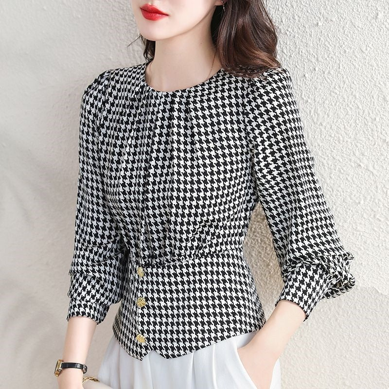 Chanel-style Houndstooth Pullover Blouse For Women