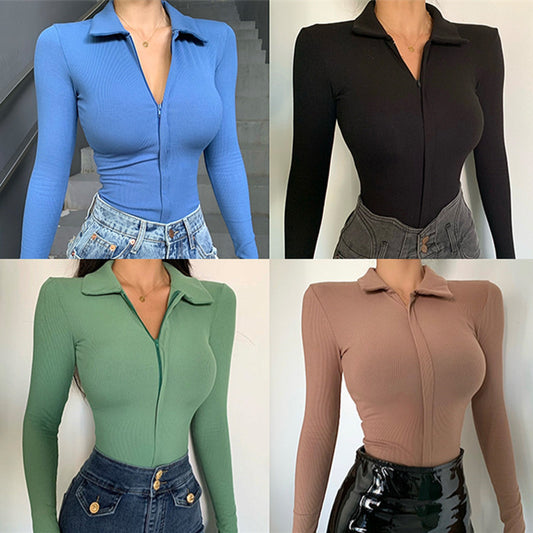 Hot Girl Dame Irregulær Skinny V-hals Langærmet Jumpsuit Undertøj Bundskjorte