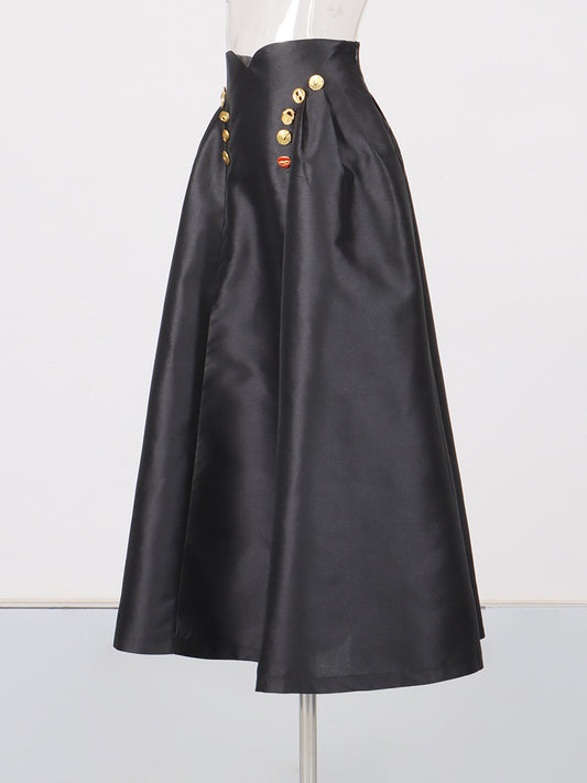 Irregularly Shaped Button-decorated Pleated Midi Skirt