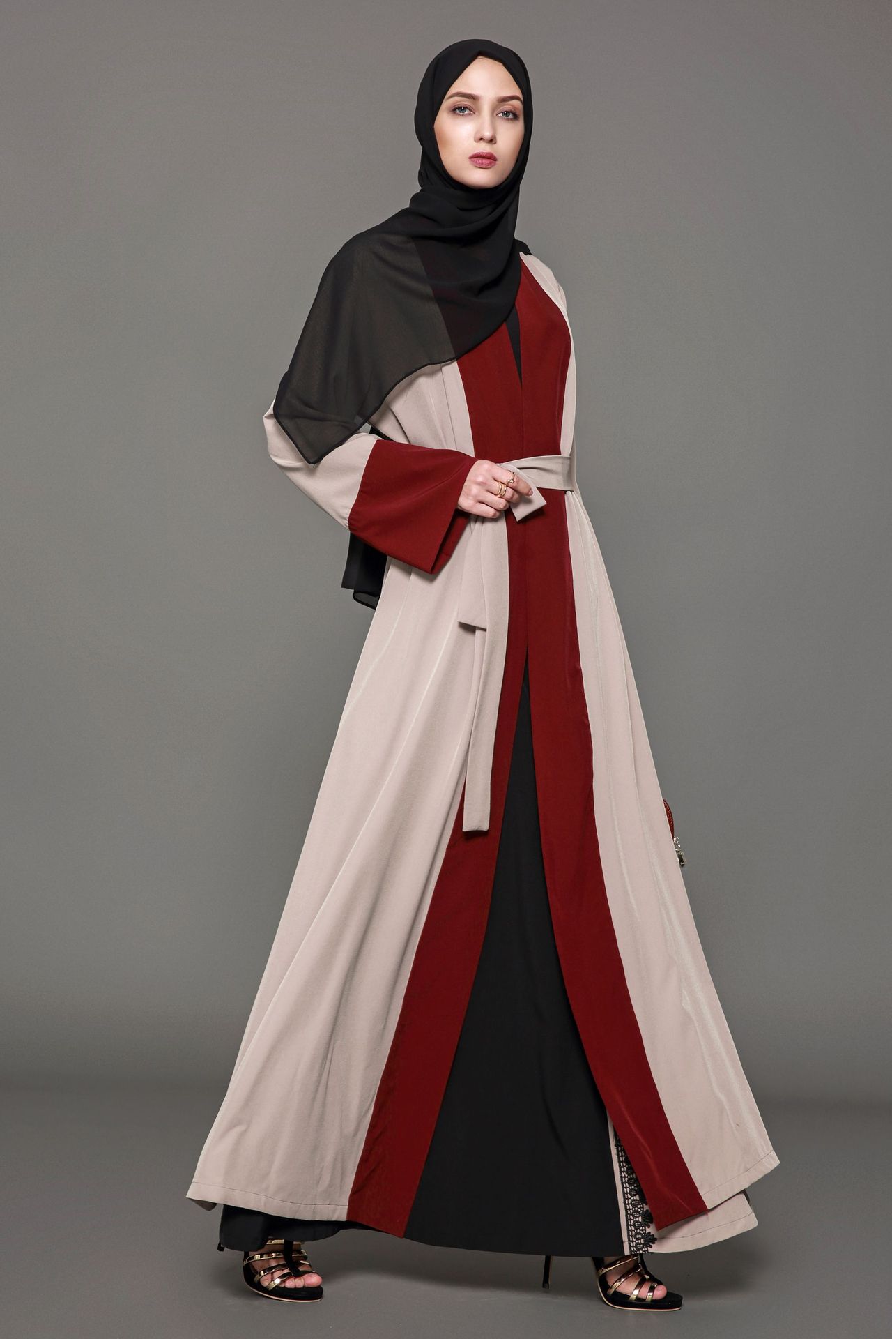 Red Brown Patchwork Flare Long Sleeved Dress